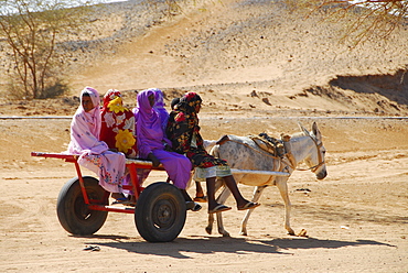 Women on donkey cart, Meroe, Sudan