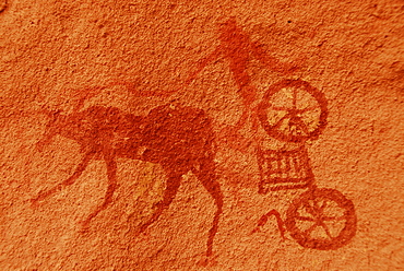 Rock painting of a Garamant ox wagon, Akakus mountains, Libya