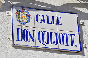 Tile street sign, Calle Don Quijote, Don Quixote Street, El Toboso, Castilla-La Mancha region, Spain