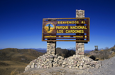 Sign at the entrance to Parque Nacional Los Cardones, Los Cardones National Park, Salta Province, Argentina