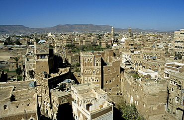 View over the rooftops and minarets in the historic centre of Sanaa, Yemen, Middle East