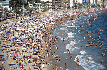 Playa Levante Beach during midsummer, Benidorm, Costa Blanca, Spain, Europe