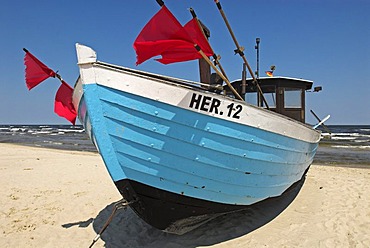 Fisher boat at the beach of Heringsdorf, Usedom island, Mecklenburg Western Pomerania, Germany, Europe