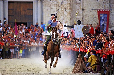 Palio, medieval joust in Stilo, rider tries to spike a little ring, Calabria, Italy