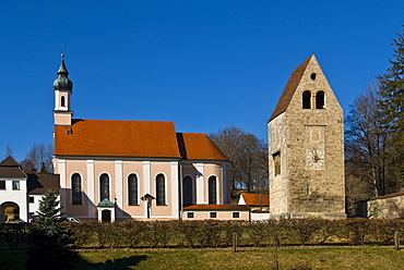 Wessobrunn Monastery and romanesque bell tower, Wessobrunn, Pfaffenwinkel, Bavaria, Germany, Europe