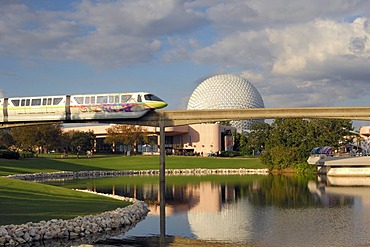 Monorail with Spaceship Earth behind, Epcot, Disney World, Florida, USA