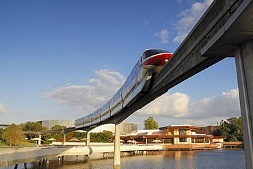 Monorail transiting through Epcot in Walt Disney World, Florida, USA