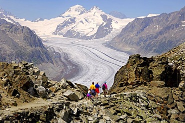 Hiking along the Aletsch Glacier, Konkordia Platz, UNESCO world heritage Jungfrau - Aletsch - Bietschhorn region, Valais, Switzerland