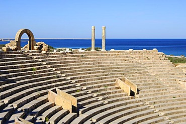 Curved rows of seats, theatre, Roman ruins, Leptis Magna, Libya