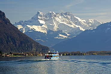 Ship excursion on Lake Geneva beneath the peaks of Dents du Midi, Montreux, Switzerland