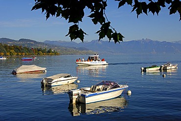 Life guard boat on Lake Geneva near Ouchy, Lausanne, Switzerland