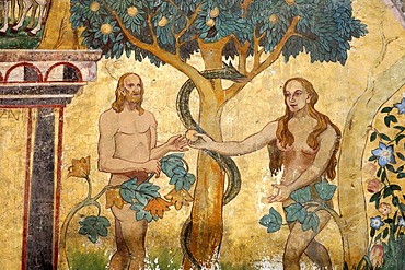 Adam and Eve in the Garden of Eden, Sgraffito outdoor wall painting, Ardez, Engadin, Grisons, Switzerland