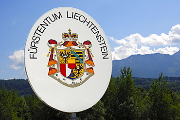 Demarcation of the national border, border sign with the Great Arms of the Nation, Principality of Liechtenstein