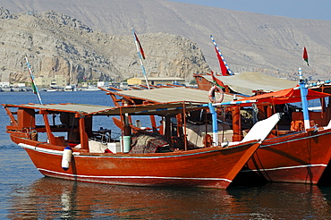 Traditional dhows in the harbour of Khasab, Musamdam, Oman, Middle East