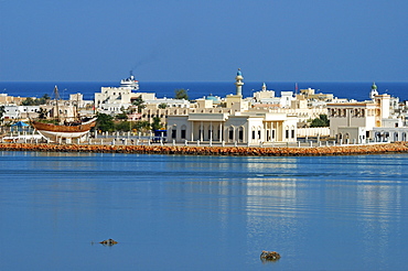 View of the Maritime Museum and the town of Sur lying between a lagoon and the Gulf of Oman, Oman, Middle East