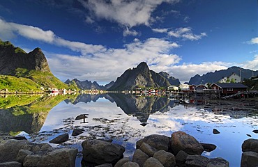 Village reflecting in the ocean, Reine, Lofoten, Norway