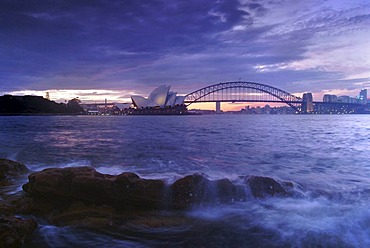 Opera and Harbour Bridge at dusk, Sydney, New South Wales, Australia