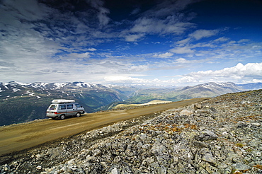 Camper on the road to the Galthoppingen, Jotunheimen National Park, Norway