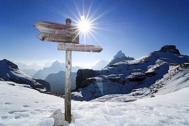 Direction sign at the Buellelejoch, Sextenan Dolomites, South Tyrol, Italy