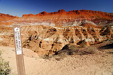 Sign marking a wilderness research area in the desert in front of sandstone mountains, eroded landscape along the Paria River, setting of many classic westerns, Grand Staircase Escalante National Monument, Utah, USA, North America