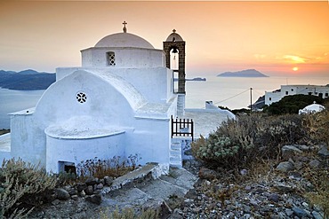 Domed church Pangia Thalassitra, church on Milos with a view over the sea at sunset, Plaka, Cyclades, Greece, Europe