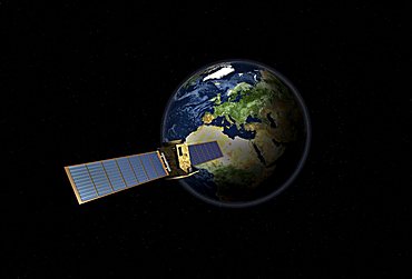 Satellite in front of the globe with Europe, symbolic image Galileo navigation system, overhead intelligence, data transmission