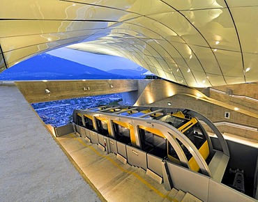 Hungerburgbahn railway parked in the mountain station, designed by star architect Zaha Hadid, Innsbruck, Tirol, Austria, Europe