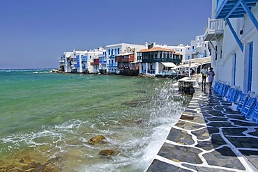 Promenade along the port of Little Venice, Mykonos Island, Cyclades, Greece, Europe