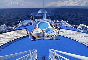 Swimming pool on the sun deck of a car ferry, sailing between Italy and Greece, Minoan Lines, Mediterranean, Europe