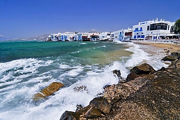 Beach in front of Little Venice, Mykonos Island, Cyclades, Greece, Europe