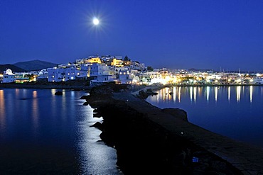 Night view of the Palateia peninsula on Naxos with a full moon, Cyclades, Greece, Europe