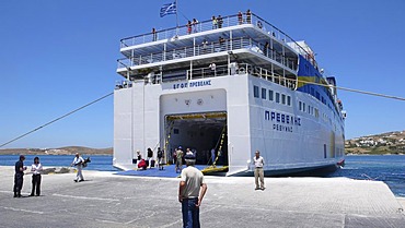 Passengers boarding a car ferry, Cyclades, Greece, Europe