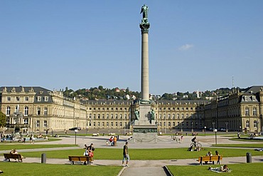 Palace Square (Schlossplatz) with Jubilee Column (Jubilaumssaule) and New Palace (Neues Schloss), Stuttgart, Baden-Wuerttemberg, Germany, Europe