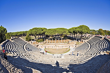 Complete view of the amphitheatre at Ostia Antica archaeological site, Rome, Italy, Europe