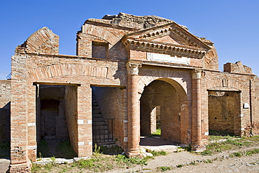 Front view of the Horrea Epagathiana granary at Ostia Antica archaeological site, Rome, Italy, Europe