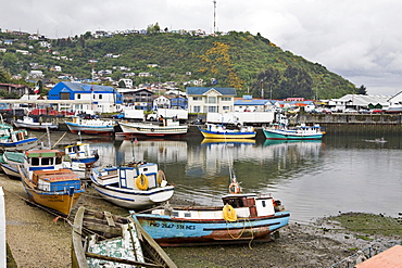 Small fishing boats in the harbour at Puerto Mont, Region de los Lagos, Chile, South America