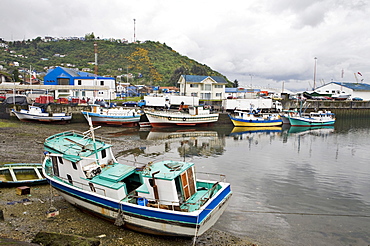 Small fishing boats in the harbour at Puerto Mont, Region de los Lagos, Chile, South America