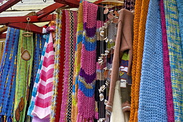 Knitted goods for sale at a handicrafts markets in Puerto Mont, Region de los Lagos, Chile, South America