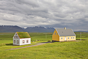 ashus, yellow wooden house, Glaumbaer Farm Museum, northern Iceland, Iceland, Atlantic Ocean