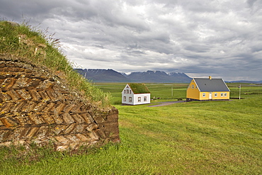 Peat-walled houses, Glaumbaer Farm Museum, northern Iceland, Iceland, Atlantic Ocean