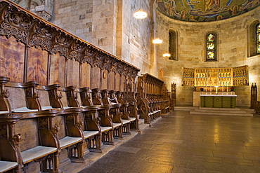 Choir stalls at Lund Cathedral, twelfth-century Romanesque architecture, Lund, Scania, Sweden, Scandinavia, Europe