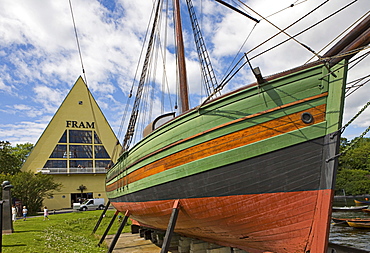 Gjoa, first ship to transit the Northwest Passage in 1906, in front of the Fram Museum on Bygdoy Peninsula, Oslo, Norway, Scandinavia, Europe