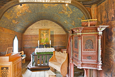 Interior of the stave church (12th century) in Undredal at the Aurlandsfjord, Norway, Scandinavia, Europe