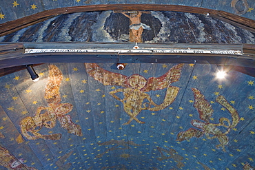 Figural paintings in the interior of the stave church (12th century) in Undredal at the Aurlandsfjord, Norway, Scandinavia, Europe