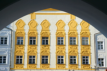 View of house facade from ambulatory, Muehldorf am Inn, Upper Bavaria, Bavaria, Germany, Europe