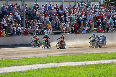 Short track race, international motorcycle race on a dirt track speedway in Muehldorf am Inn, Upper Bavaria, Bavaria, Germany, Europe