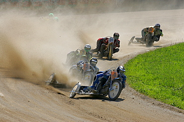 Sidecar motorcycles, international motorcycle race on a dirt track speedway in Muehldorf am Inn, Upper Bavaria, Bavaria, Germany, Europe