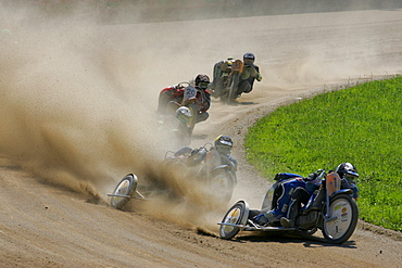 Sidecar motorcycles, international motorcycle race on a dirt track speedway in Muehldorf am Inn, Upper Bavaria, Bavaria, Germany, Europe