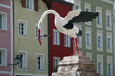 Stork fountain, Tittmoning, Upper Bavaria, Bavaria, Germany, Europe