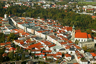 Aerial view of the historic centre of Muehldorf am Inn, Upper Bavaria, Bavaria, Germany, Europe